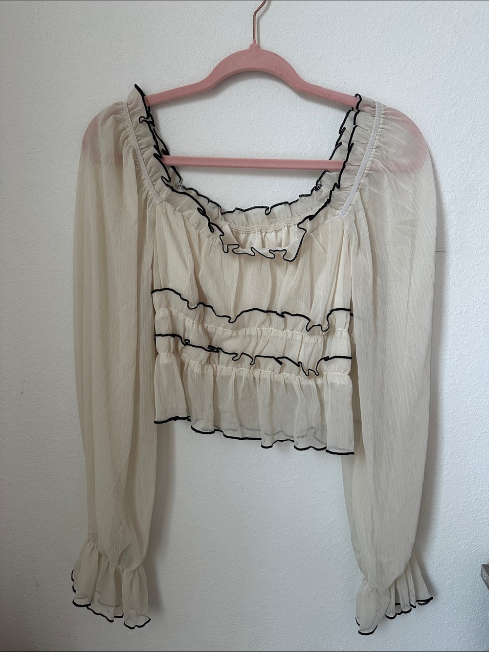 Womens Cream Ruffle Peasant Blouse with Black Trim